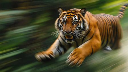 A powerful tiger charges through vibrant greenery, showcasing its strength and agility in natureの素材