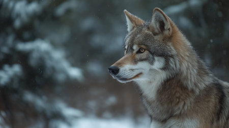 A wolf observes its surroundings in a snowy forest, embodying the essence of winters tranquilityの素材