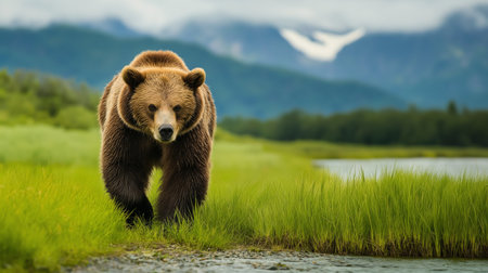 A grizzly bear moves through vibrant grass by a river, set against mountains under a cloudy skyの素材