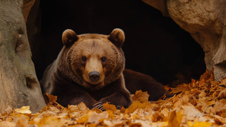 A grizzly bear lies calmly in a vibrant autumn setting with leaves surrounding its habitatの素材