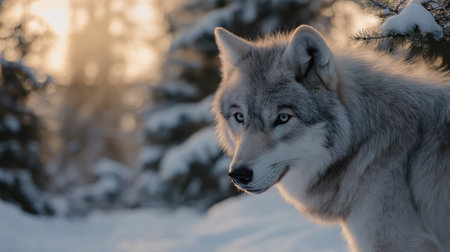 A gray wolf is in a snowy forest as the sun sets, showcasing its thick fur and striking blue eyesの素材