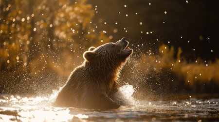 A large bear plays in a river, creating splashes while basking in warm, golden sunlightの素材