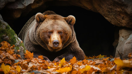 A brown bear cautiously emerges from its cave, surrounded by colorful autumn leavesの素材
