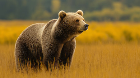A grizzly bear stands among tall golden grasses in a tranquil setting under a clear skyの素材