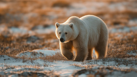 A polar bear walks across a snowy terrain as the sun sets, casting warm light on the landscapeの素材