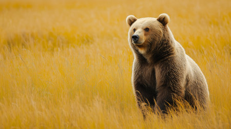 A grizzly bear relaxes in golden grass, basking in the warm sunshineの素材