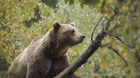 A grizzly bear lounges on a sturdy tree branch surrounded by vibrant fall foliageの素材