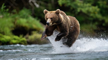 A grizzly bear leaps over rushing water in search of fish, set in a vibrant forest backdropの素材