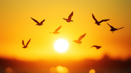 Flocks of birds soar against the backdrop of a stunning sunset, creating a serene atmosphereの素材