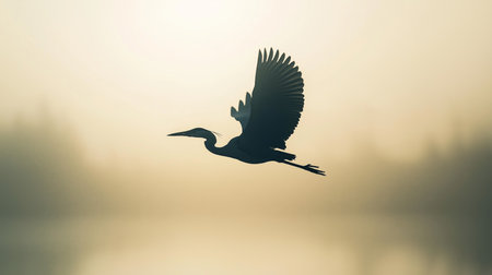 A heron soars gracefully over a tranquil lake in the soft morning light, surrounded by mistの素材