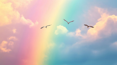 Birds glide gracefully beneath a vibrant rainbow in a pastel sky at sunsetの素材
