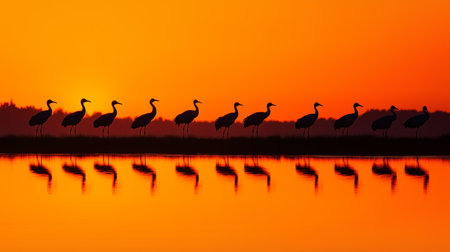Cranes stand in a line during sunset, creating silhouettes against the vibrant sky and waterの素材