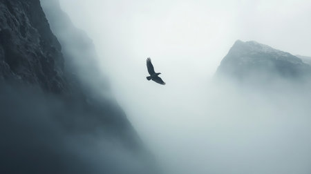 A large bird gracefully flies above fog-covered mountains during early morning lightの素材