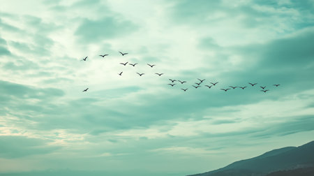 Birds travel in formation across a cloudy sky at dusk, highlighting natures beautyの素材