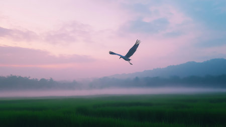 A white bird flies gracefully above lush green fields during early morning fog and soft lightの素材