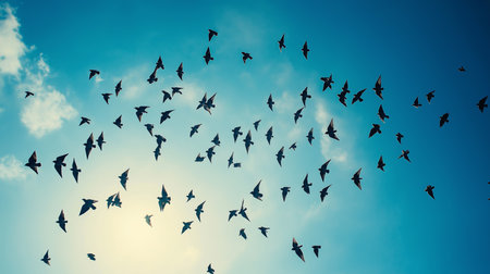 A large group of birds flies gracefully across the bright blue sky illuminated by the sunの素材
