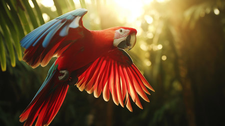 A vibrant parrot flies gracefully amidst tropical foliage in the evening lightの素材
