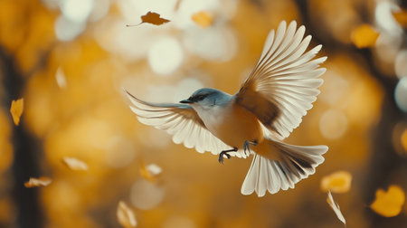 A bird gracefully soars through an autumn forest filled with colorful falling leavesの素材