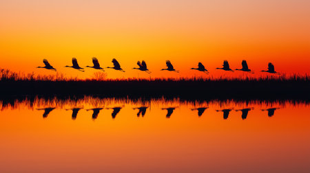 Cranes gracefully fly across a colorful sunset, reflecting on the water belowの素材