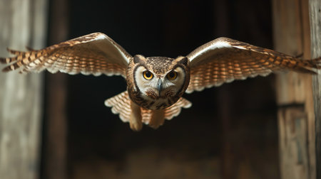 An owl soars through a rustic barn, its wings extended in flight as it hunts in the twilightの素材