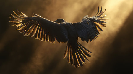 A bird soars gracefully in the morning light, showcasing its magnificent wingsの素材