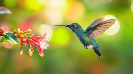 A hummingbird hovers near a pink flower, sipping nectar in a lush garden filled with colorsの素材