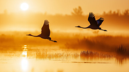 Two cranes glide gracefully over a tranquil wetland as the sun rises, casting warm lightの素材