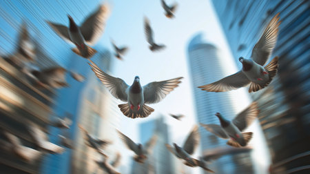 Pigeons soar gracefully over a bustling urban area with skyscrapers in the backgroundの素材