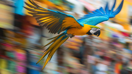 A blue and yellow parrot gracefully flies over a bustling, colorful marketの素材