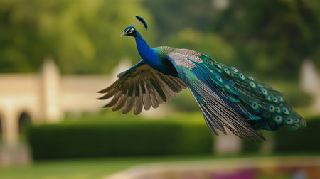 A vibrant peacock with striking feathers soars above a green garden during the afternoonの素材