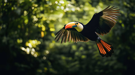 A toucan glides gracefully through a lush rainforest filled with green foliage and sunlightの素材