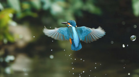 A kingfisher elegantly hovers above the water, droplets sparkling in the air on a sunny dayの素材