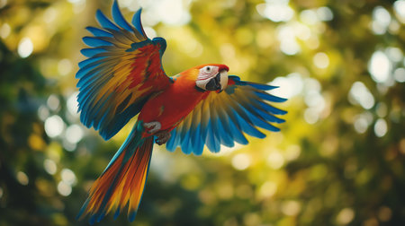 A vibrant parrot glides gracefully over dense green foliage under bright sunlightの素材