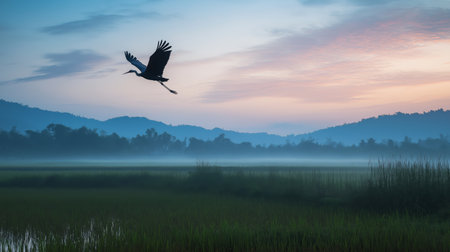 A heron soars above lush rice fields during early morning light with distant mountains visibleの素材