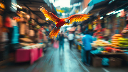 A parrot soars over a lively market brimming with colorful stalls and shoppersの素材