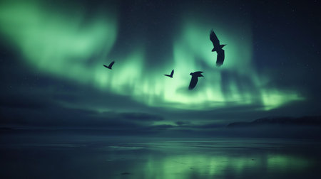 Dancing auroras light up the night sky while birds glide gracefully above a calm body of waterの素材