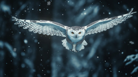 A snowy owl glides through a snowy forest, displaying its impressive wingspan in the snowの素材