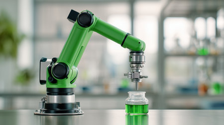 Advanced robotic arm handling green liquid for transport and tracking purposes Generative AIの素材