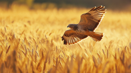 A hawk soars gracefully above a golden wheat field at sunset, capturing a serene moment in natureの素材