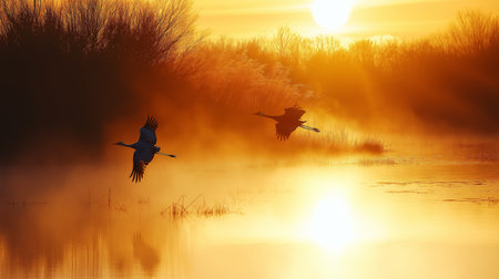 Two cranes soar gracefully over a calm river, illuminated by a stunning sunriseの素材