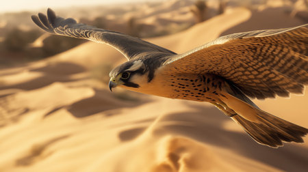 A falcon soars high above vast desert dunes, showcasing its strength and elegance in flightの素材