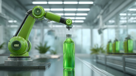 Robotic arm handling green liquid in a facility for efficient transport and tracking AIの素材