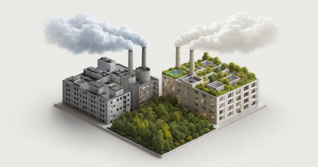 Comparison of eco-friendly industry versus traditional pollution-heavy manufacturing Generative AIの素材