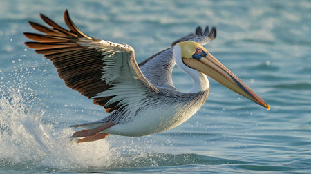 A pelican takes flight above the shimmering water, showcasing its large wings and billの素材