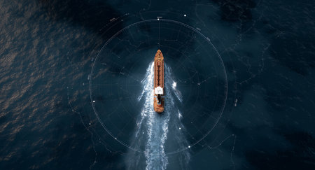A cargo vessel navigates open waters with advanced autopilot technologyの素材