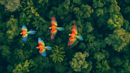 Vibrant parrots soar above dense tropical trees in a beautiful rainforest settingの素材