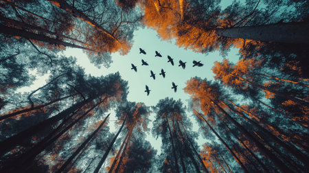 Birds fly above tall trees with bright autumn leaves, creating a stunning contrastの素材