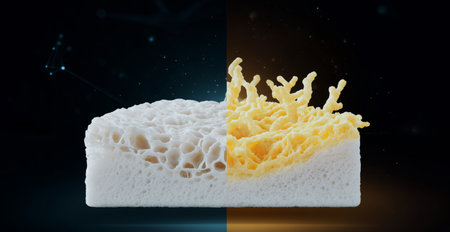 This display features a side-by-side comparison of adaptive smart materials in transformationの素材
