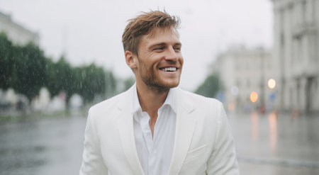 Rain falls on a joyful man wearing a white suit in an urban environmentの素材