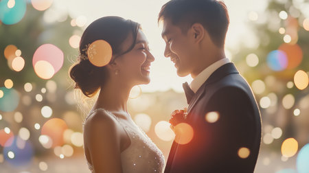 Two people enjoy a joyful wedding moment outdoors, surrounded by soft lights at sunsetの素材
